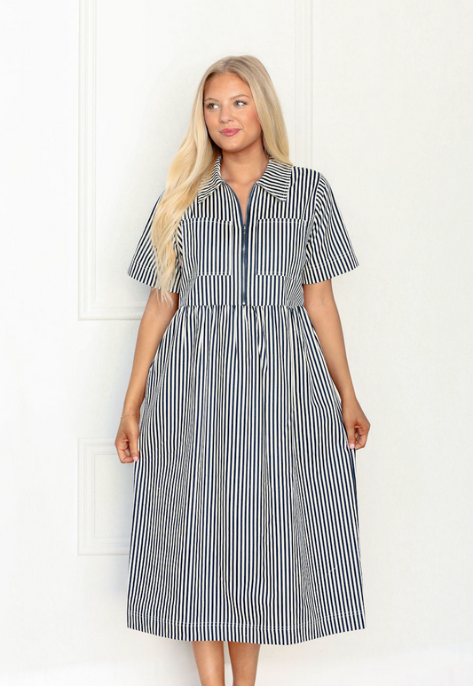 Navy/Cream Stripe Midi Dress