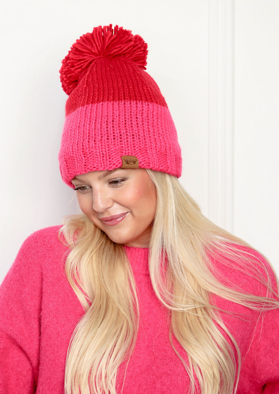 Red/Pink Color Block Pom Pom Beanie