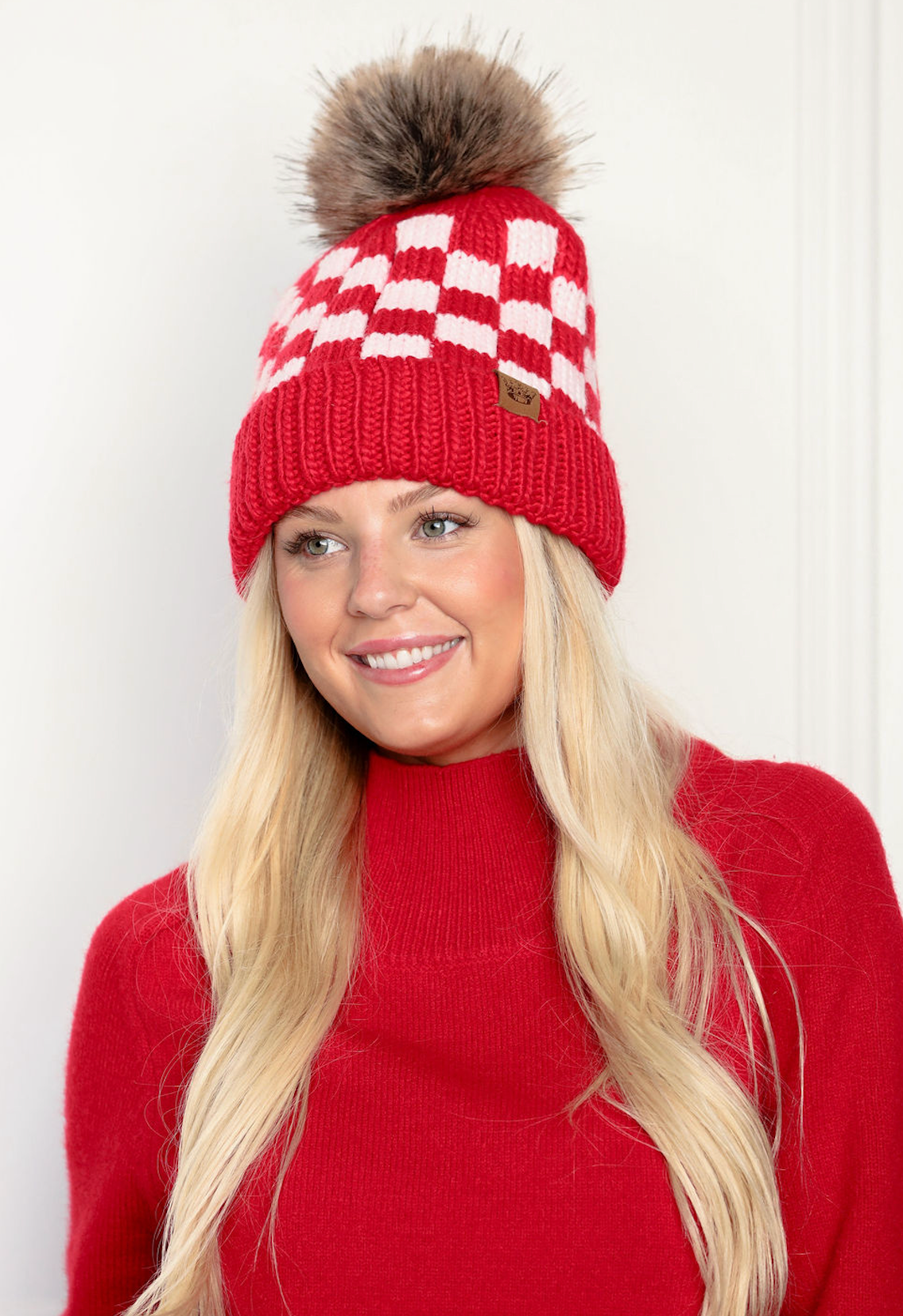 Red Checkered Pom Pom Beanie