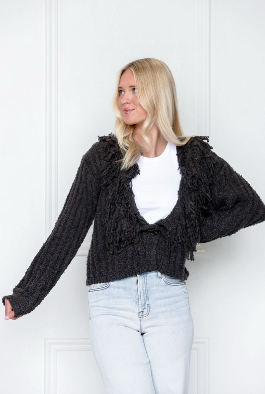 Charcoal Fringe Collar Cardigan