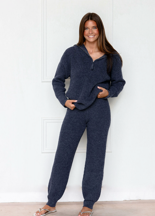 Navy Collared Knit Top & Pants Set of 2