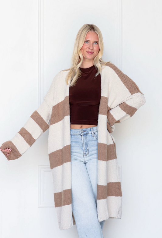 Taupe Stripe Maxi Cardigan