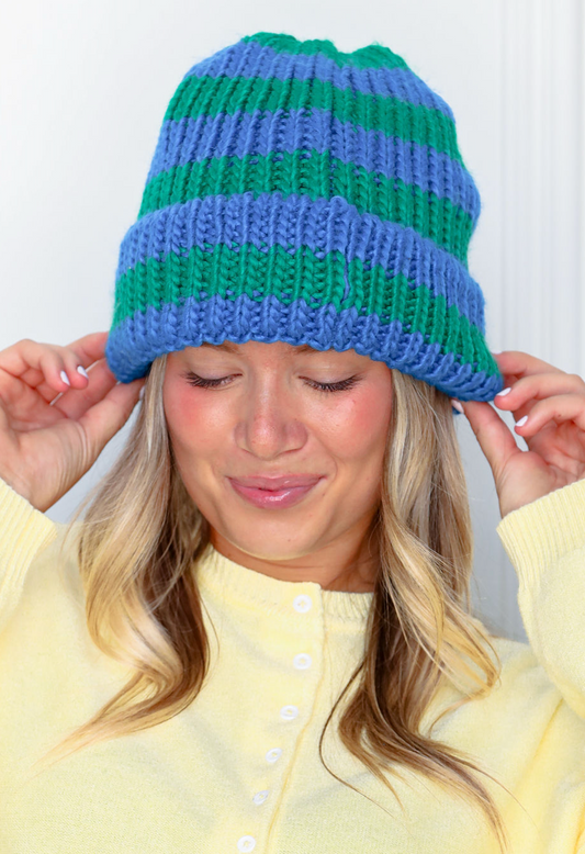 Blue/Green Striped Knit Beanie