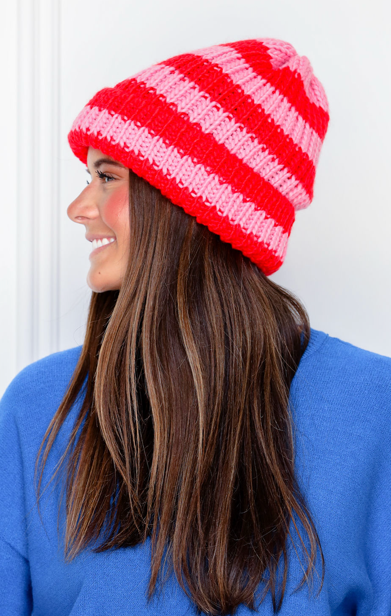 Red/Blush Striped Knit Beanie