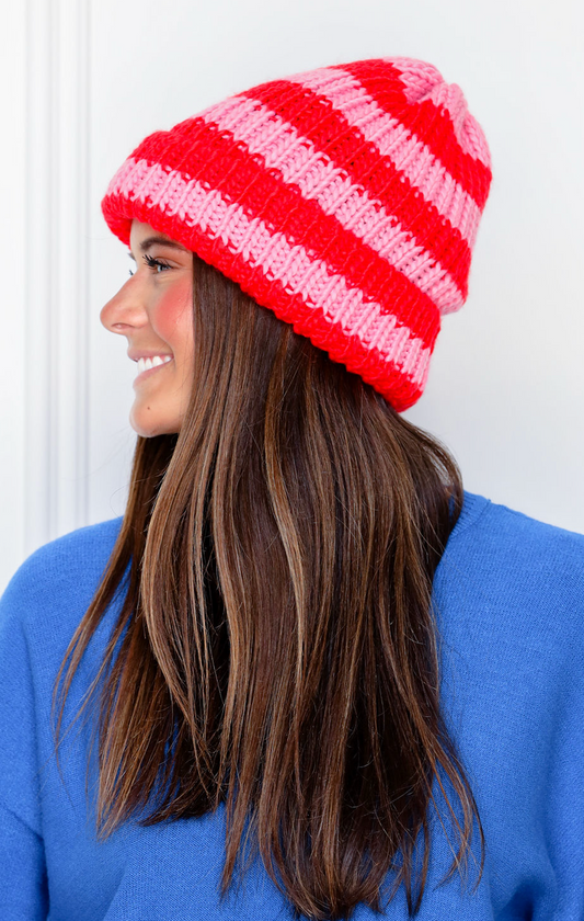 Red/Blush Striped Knit Beanie