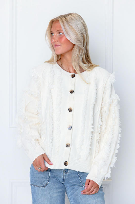Cream Button Up Frayed Detail Cardigan