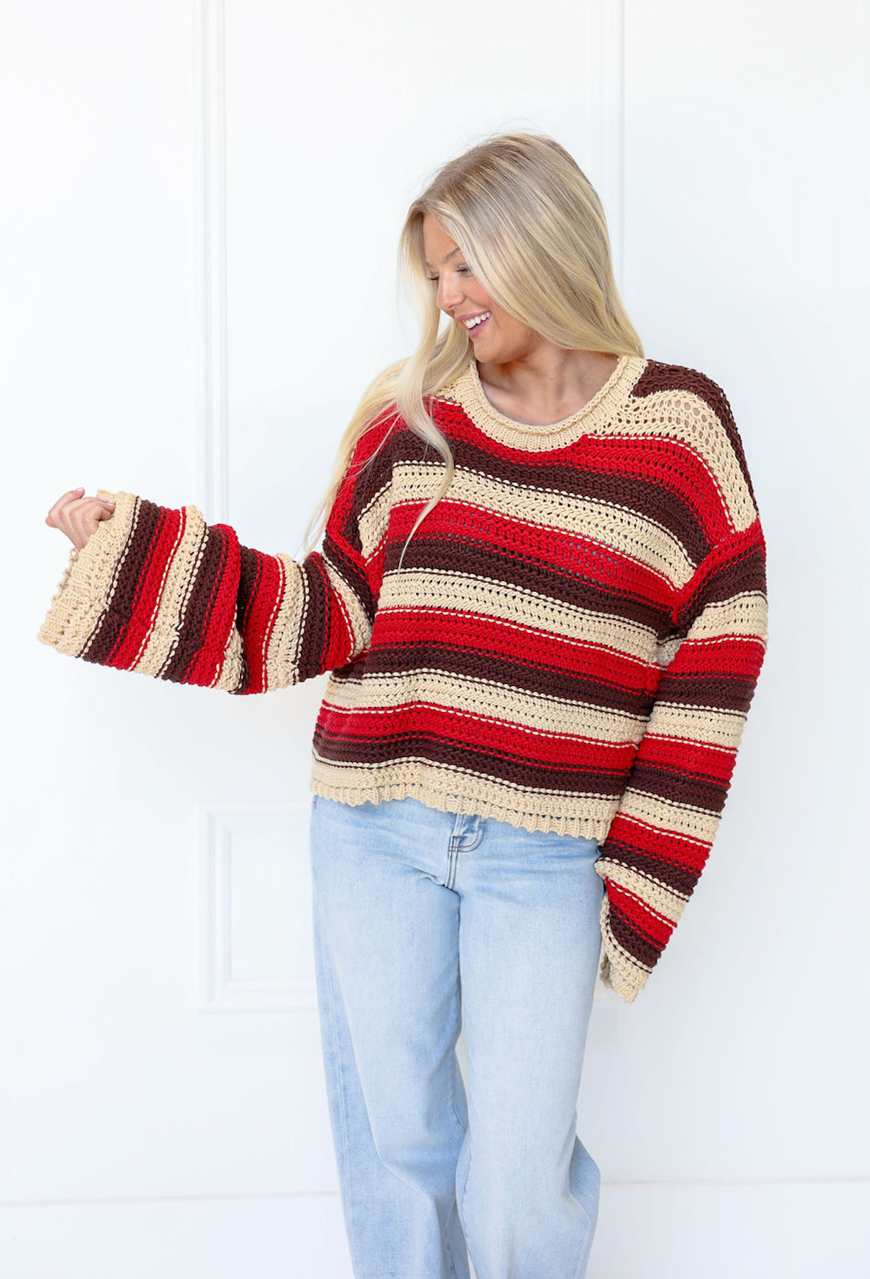 Crochet Stripe Bell Sleeve Sweater