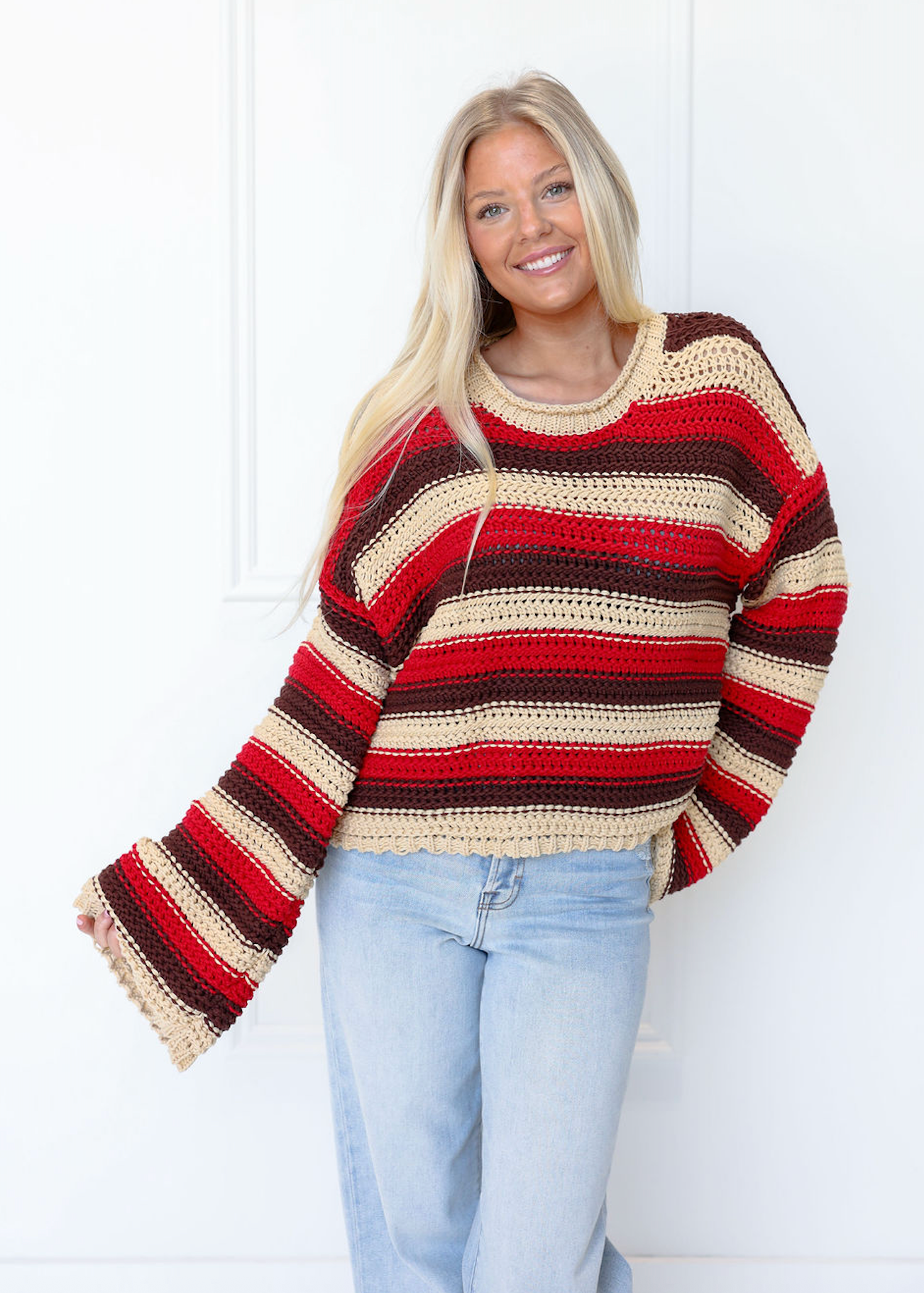 Crochet Stripe Bell Sleeve Sweater