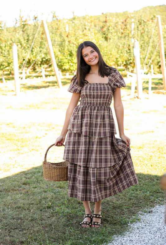 Brown Plaid Tiered Maxi Dress W/ Puff Sleeves