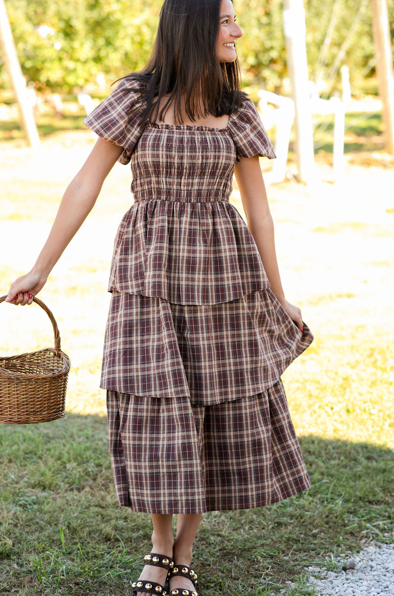 Brown Plaid Tiered Maxi Dress W/ Puff Sleeves