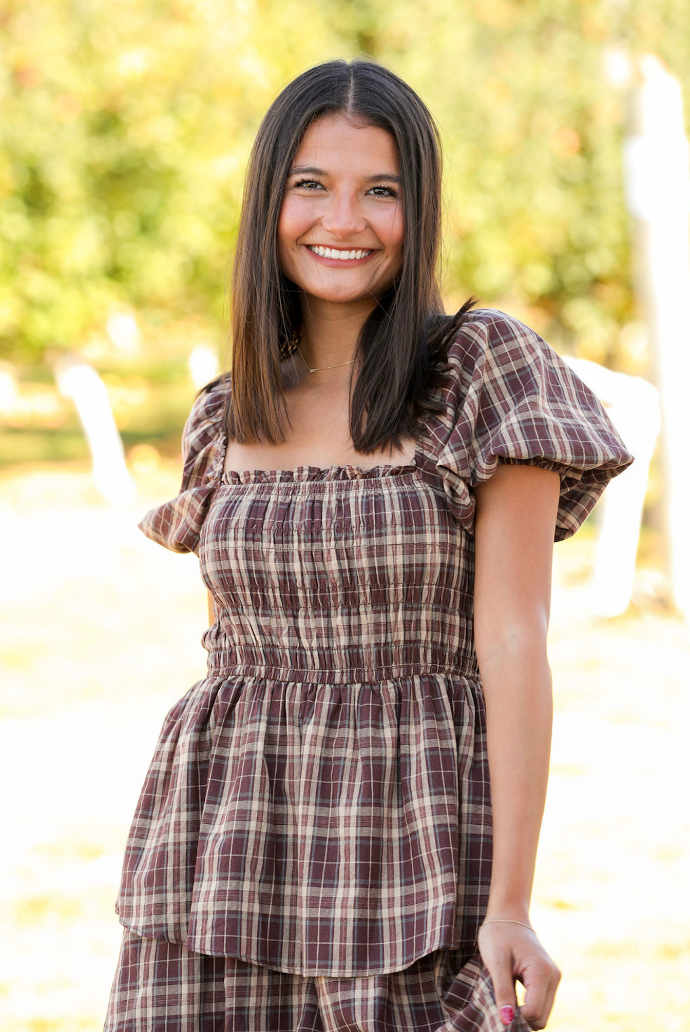 Brown Plaid Tiered Maxi Dress W/ Puff Sleeves