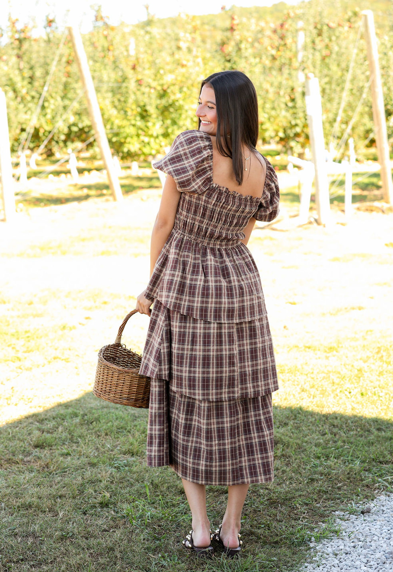 Brown Plaid Tiered Maxi Dress W/ Puff Sleeves
