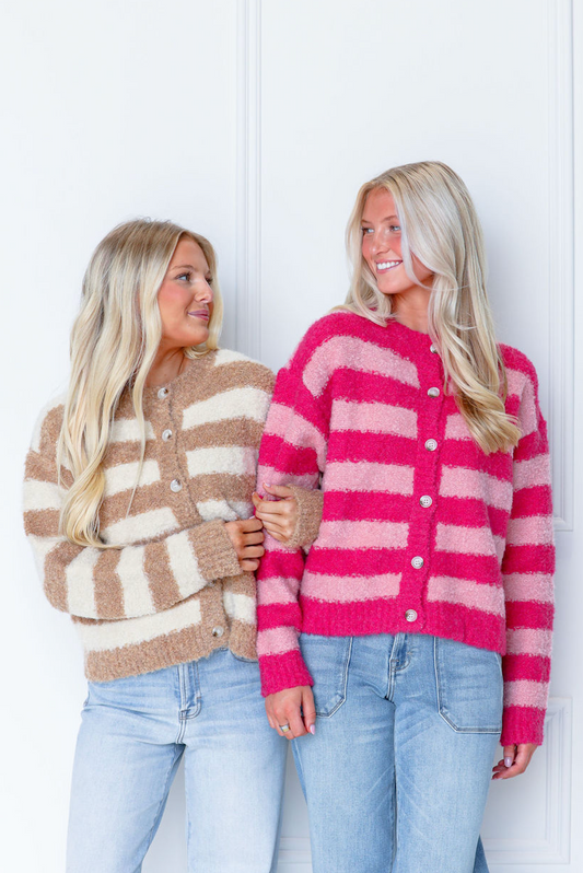 Brushed Stripe Button Cardi Pink