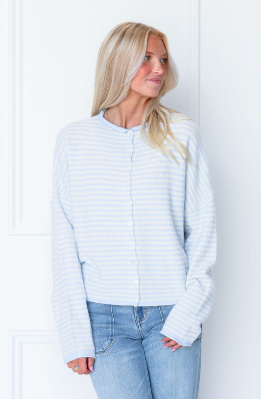 Button Down Cardi Light Blue Stripe
