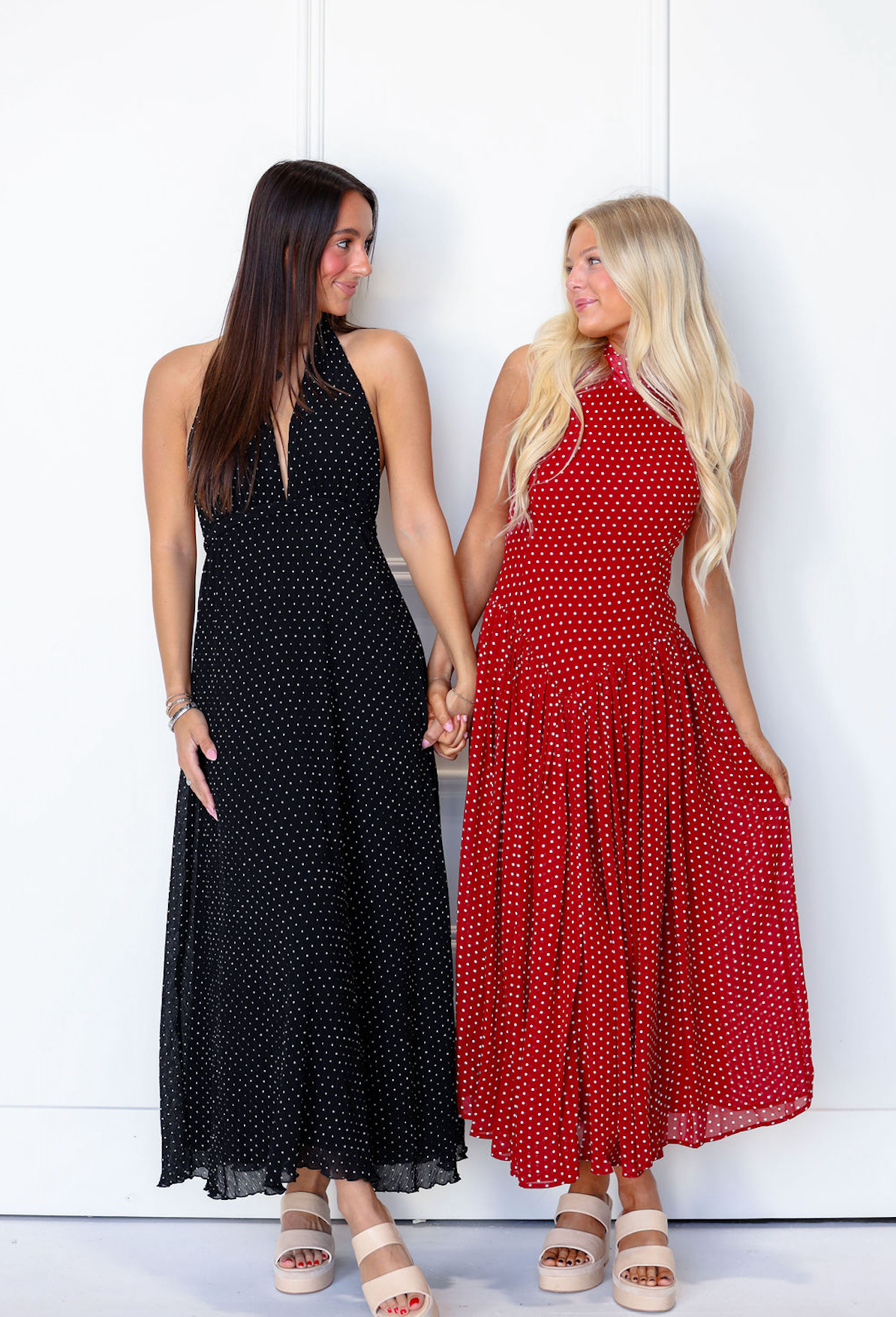 Red Polka Dot Pleated Midi Dress