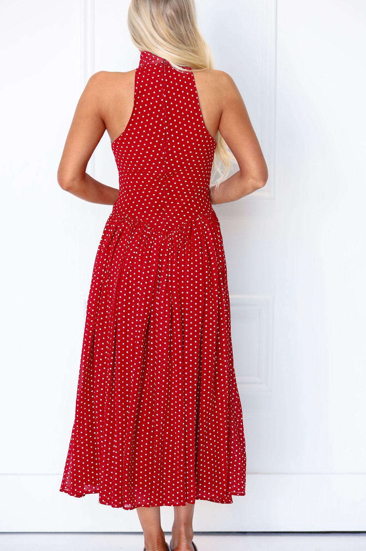 Red Polka Dot Pleated Midi Dress