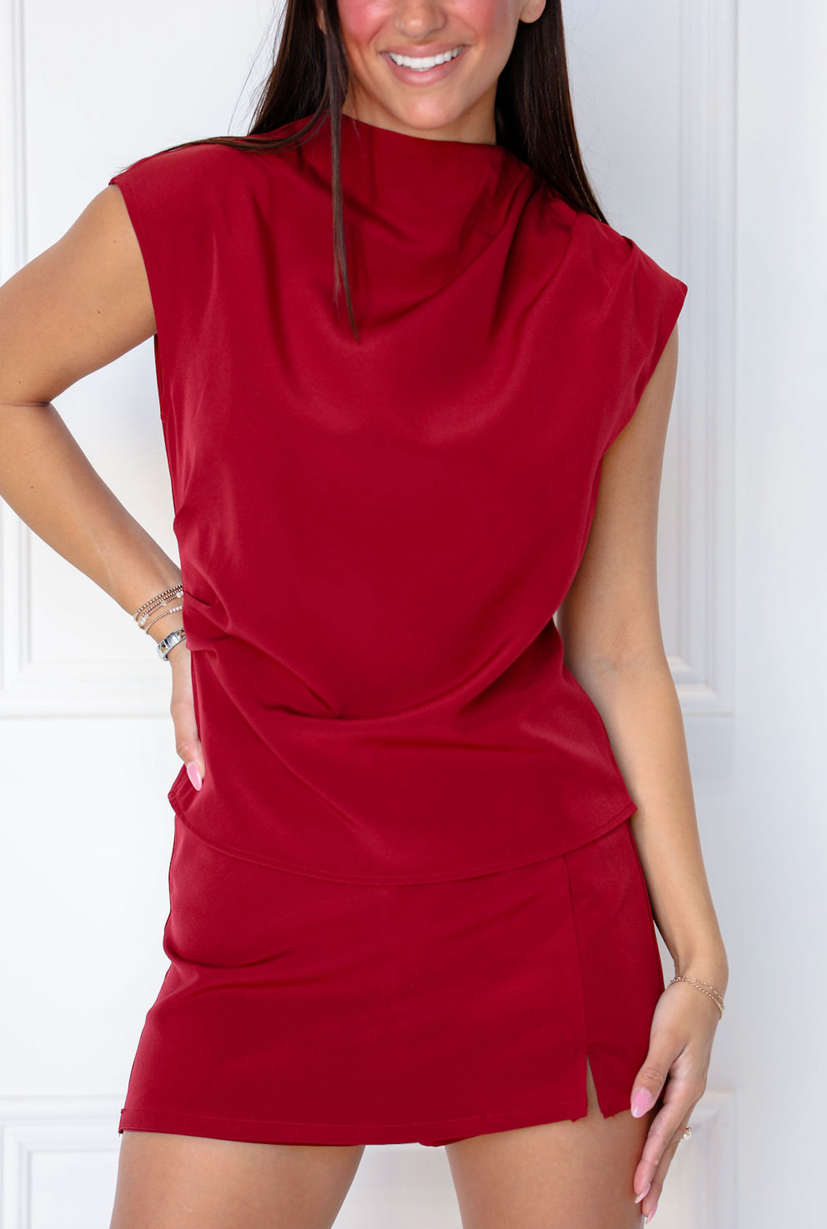 Mock Neck Top & Skirt Set of 2 Wine