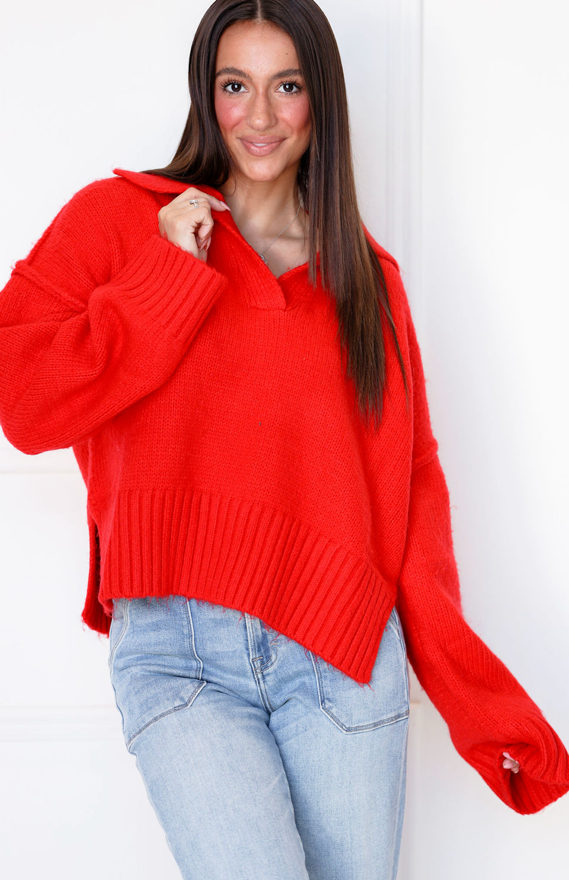 Polo Collar Sweater Cherry