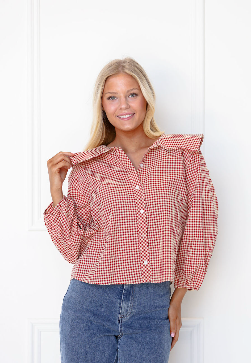 Checker Peter Pan Collar Top Red
