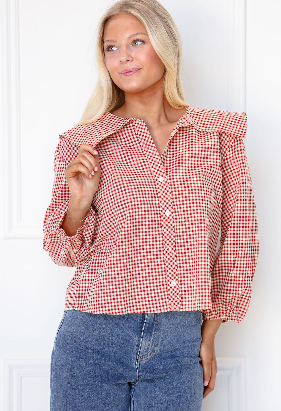 Checker Peter Pan Collar Top Red