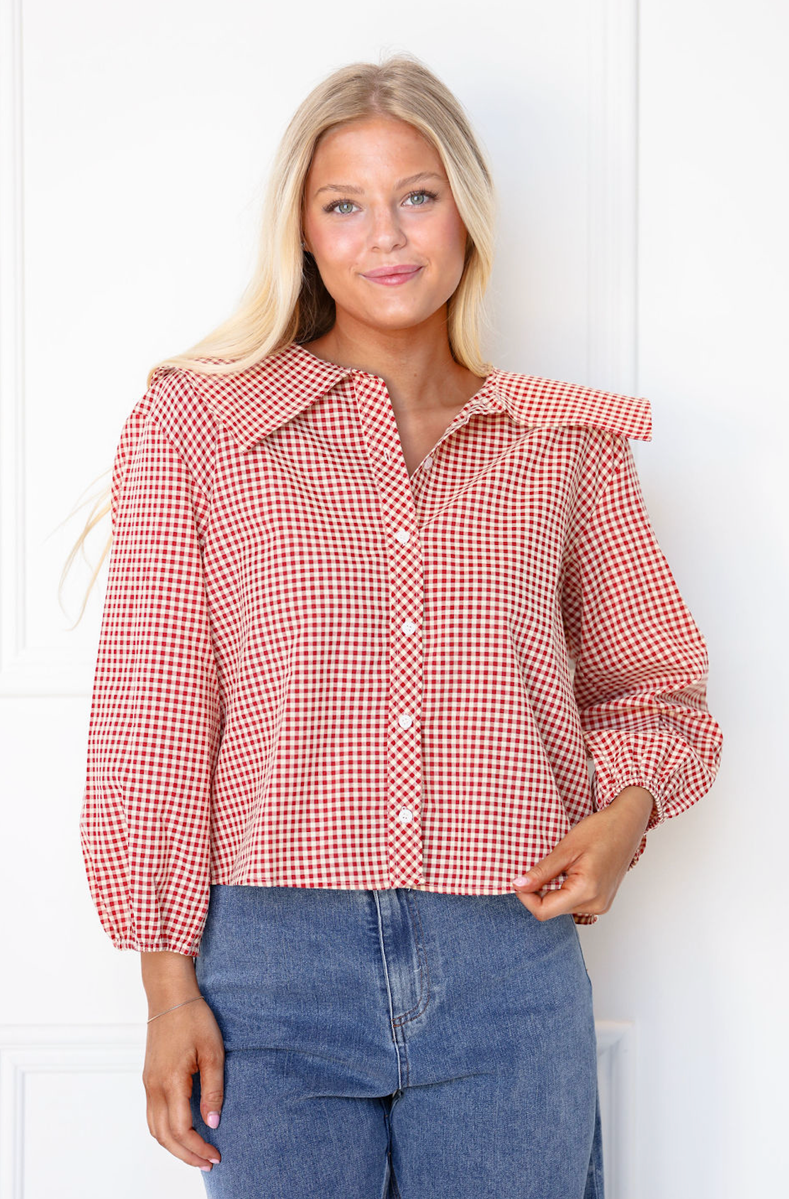 Checker Peter Pan Collar Top Red