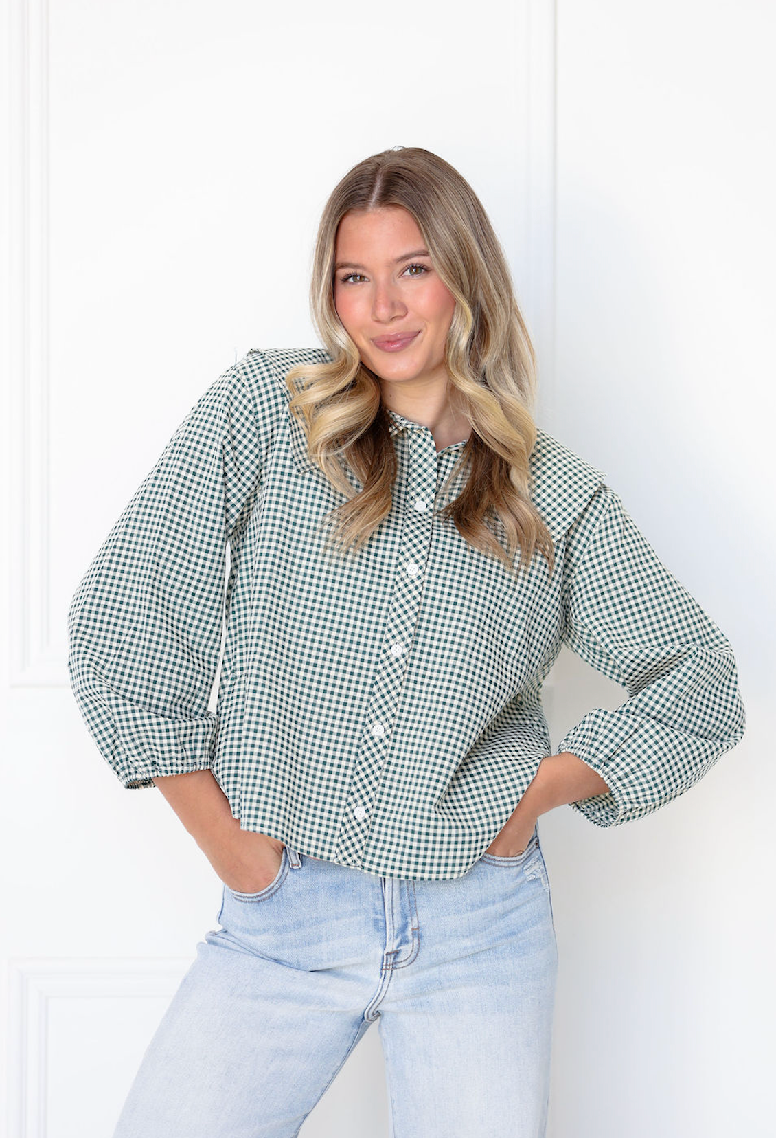 Checker Peter Pan Collar Top Green