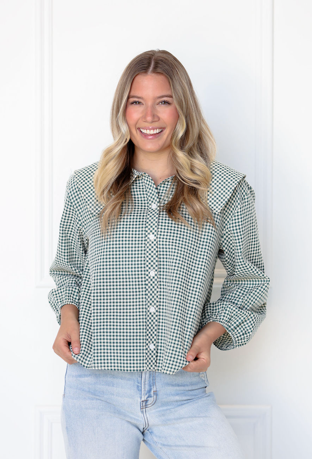 Checker Peter Pan Collar Top Green