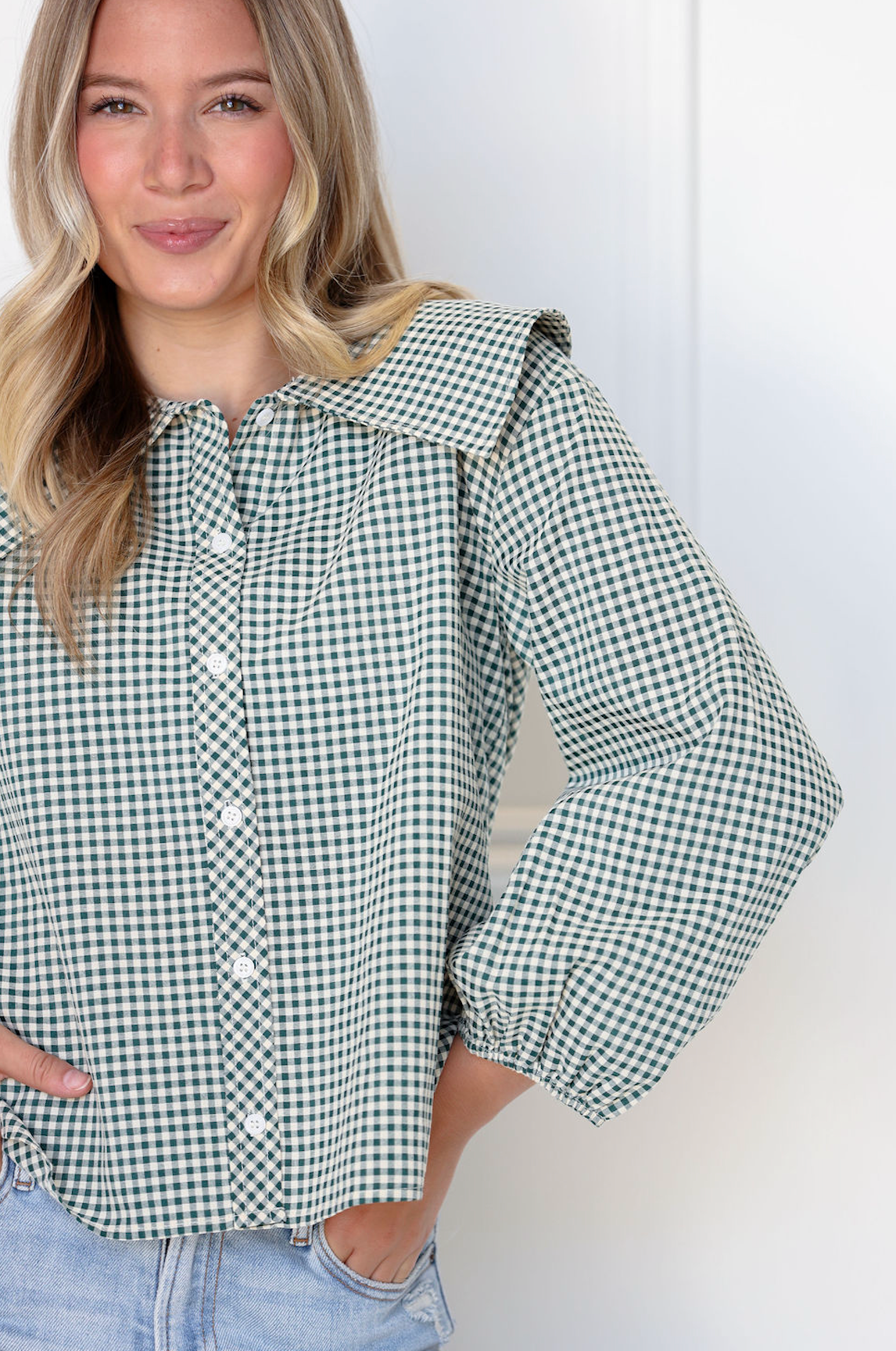 Checker Peter Pan Collar Top Green