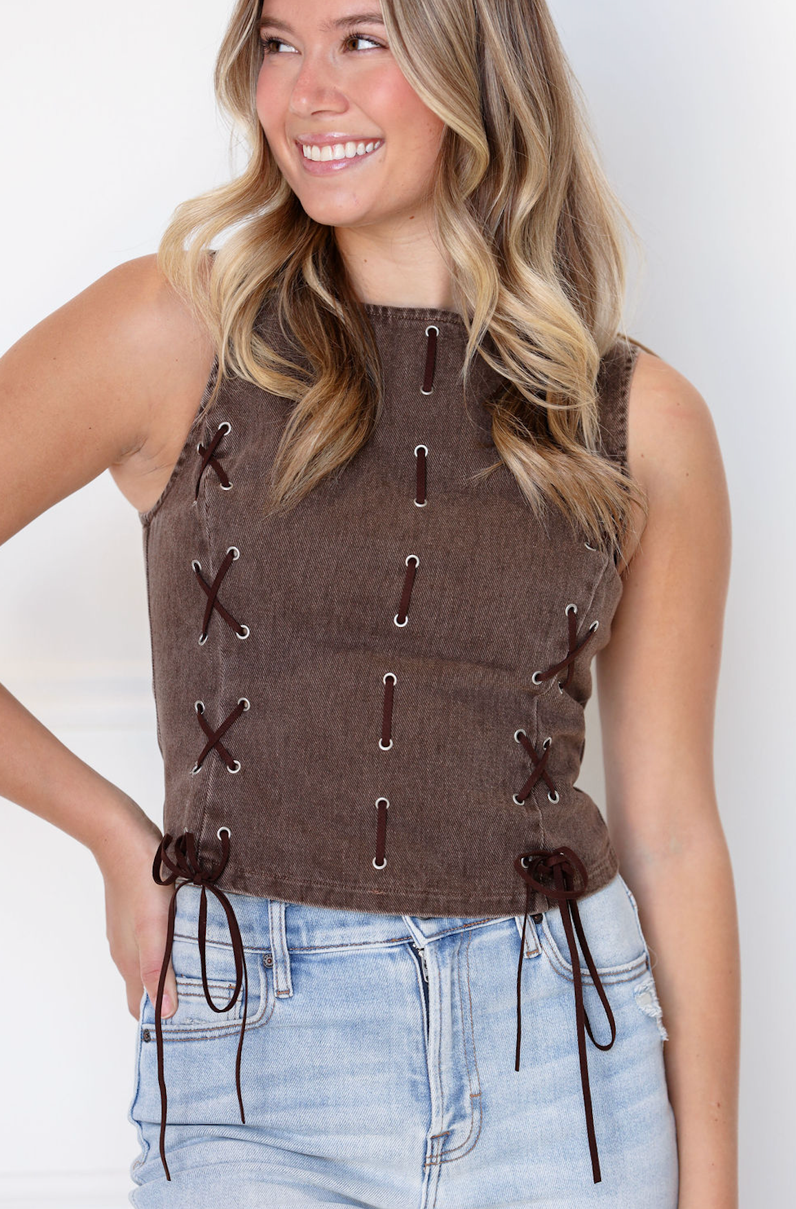 Brown Eyelet Detail Top