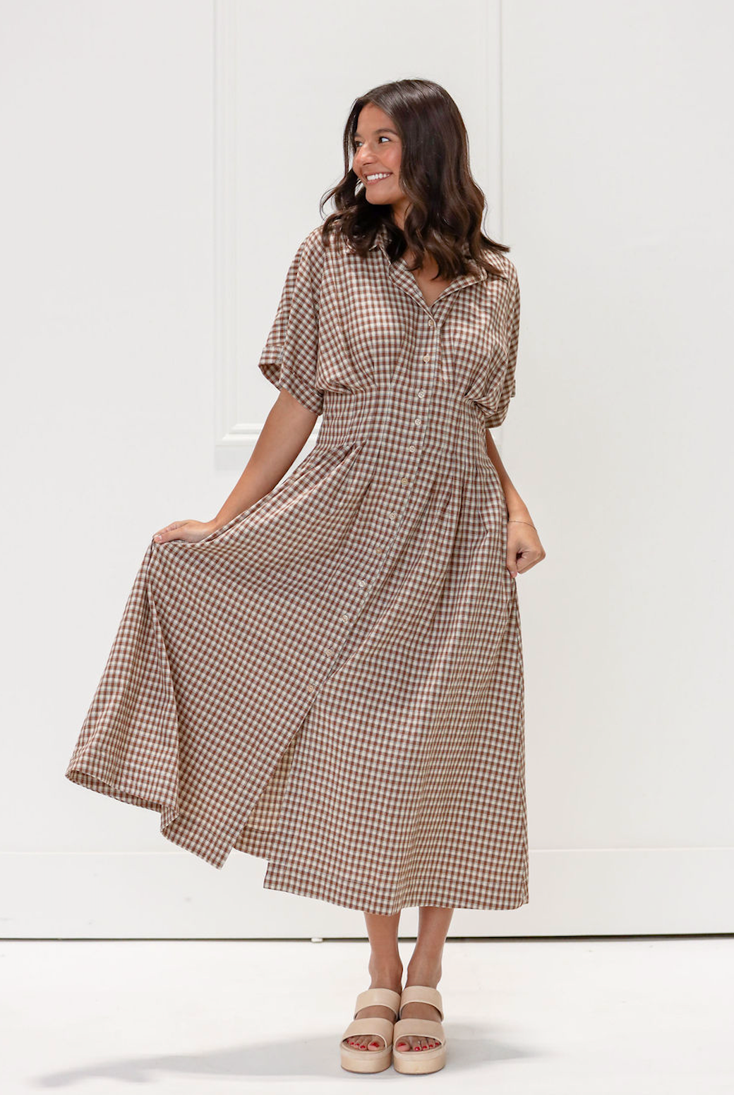Brown Gingham Button Down Maxi Dress