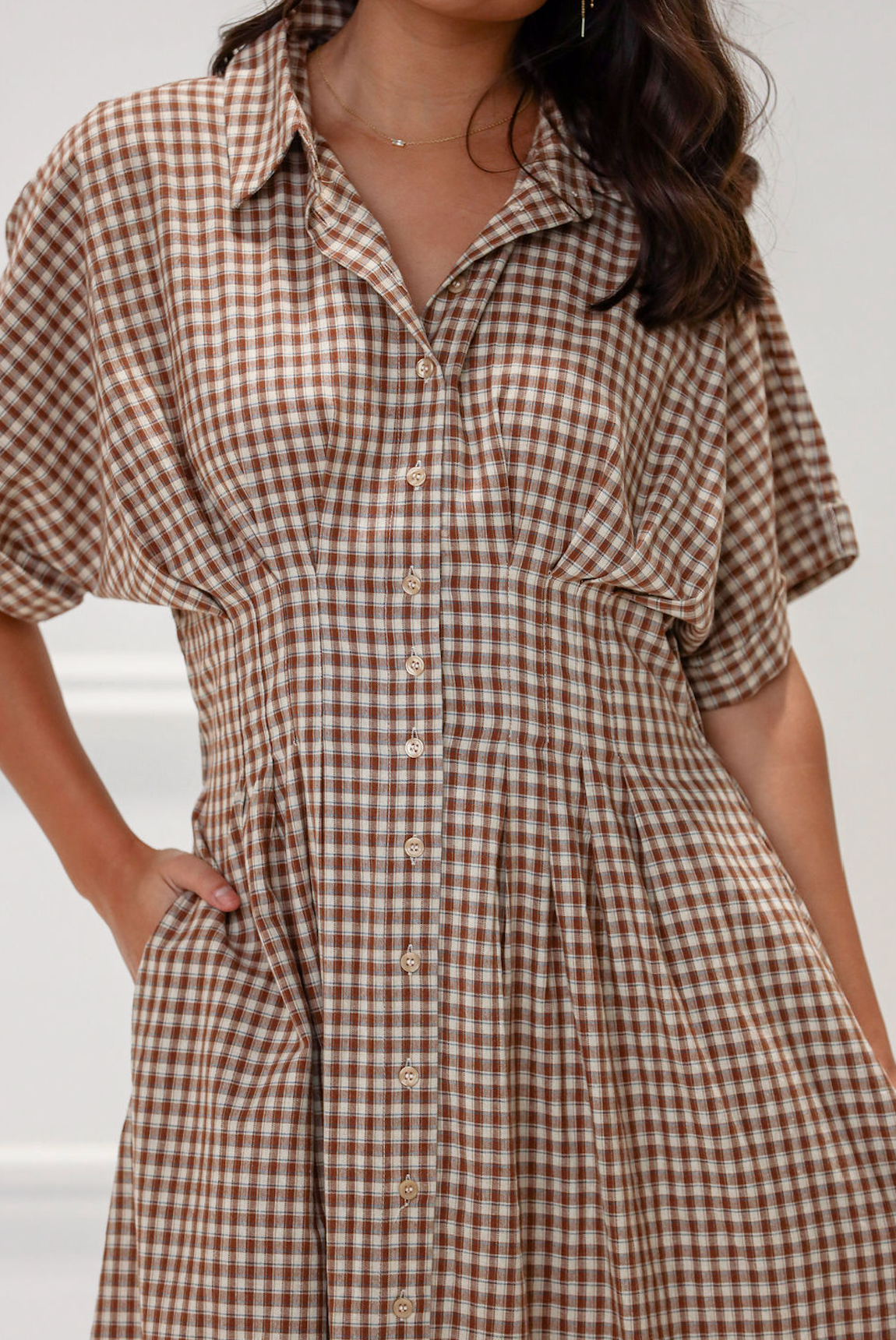 Brown Gingham Button Down Maxi Dress