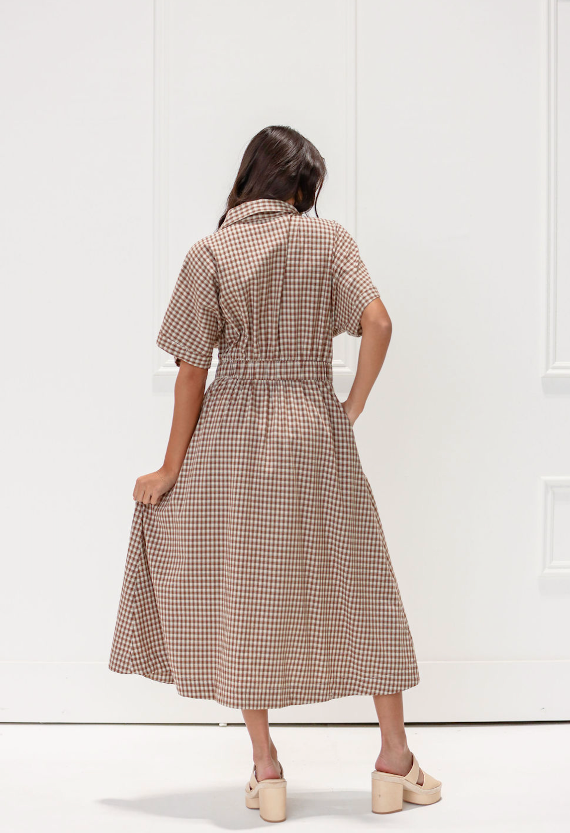Brown Gingham Button Down Maxi Dress