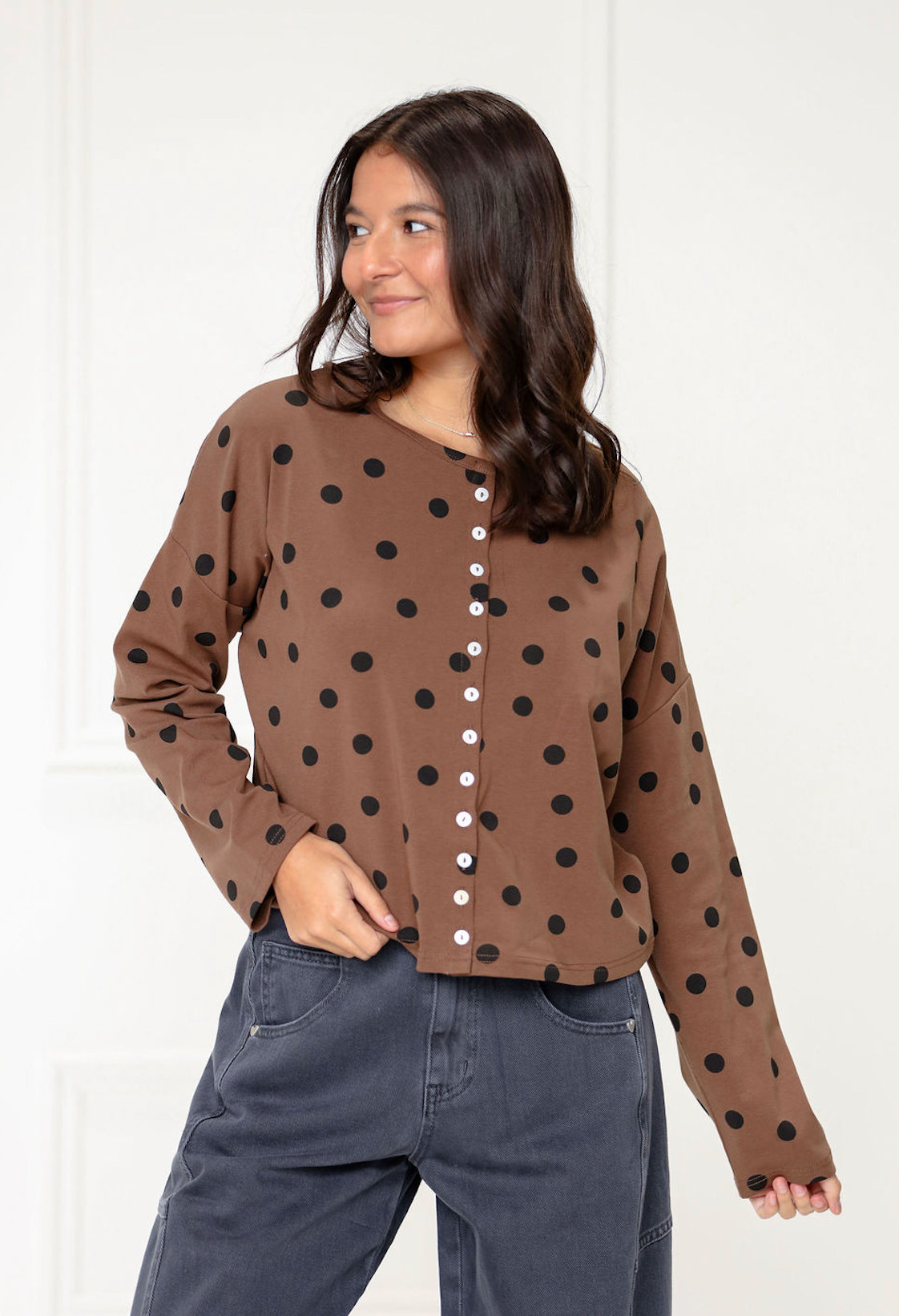 Polka Dot Button Down Cardigan Brown