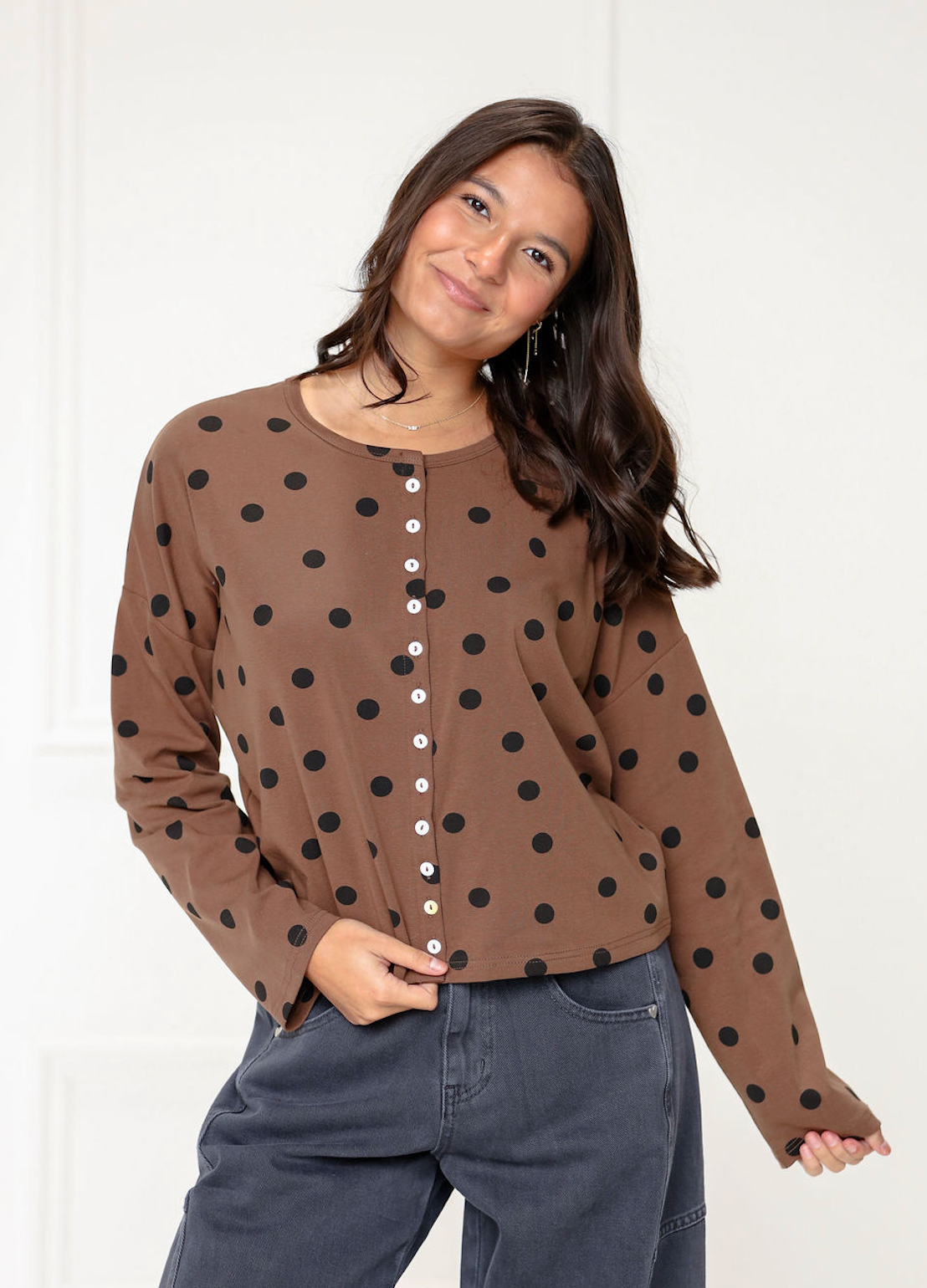 Polka Dot Button Down Cardigan Brown