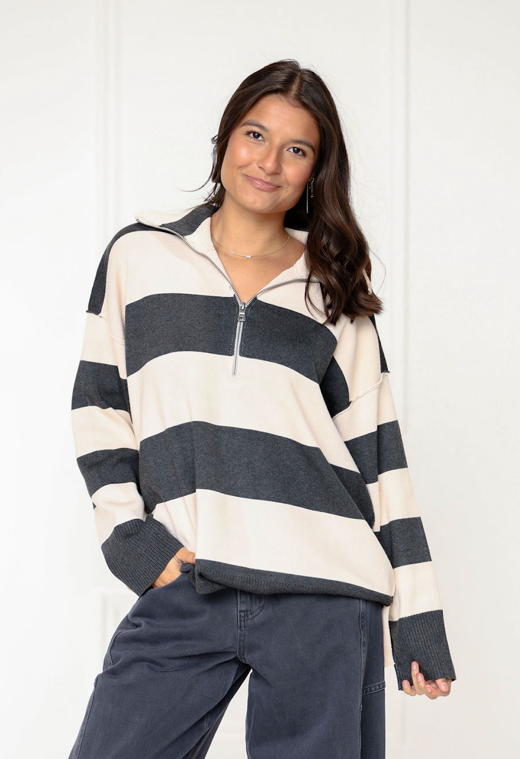 Half Zip Striped Long Sleeve Charcoal/Cream