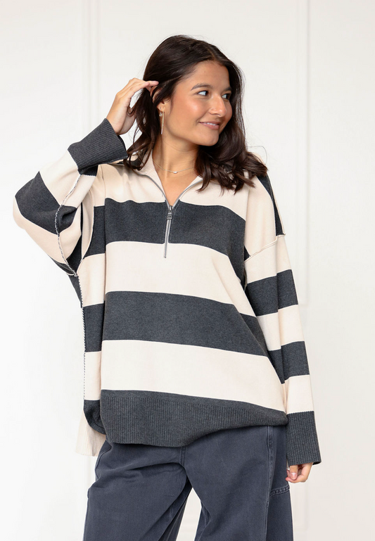 Half Zip Striped Long Sleeve Charcoal/Cream