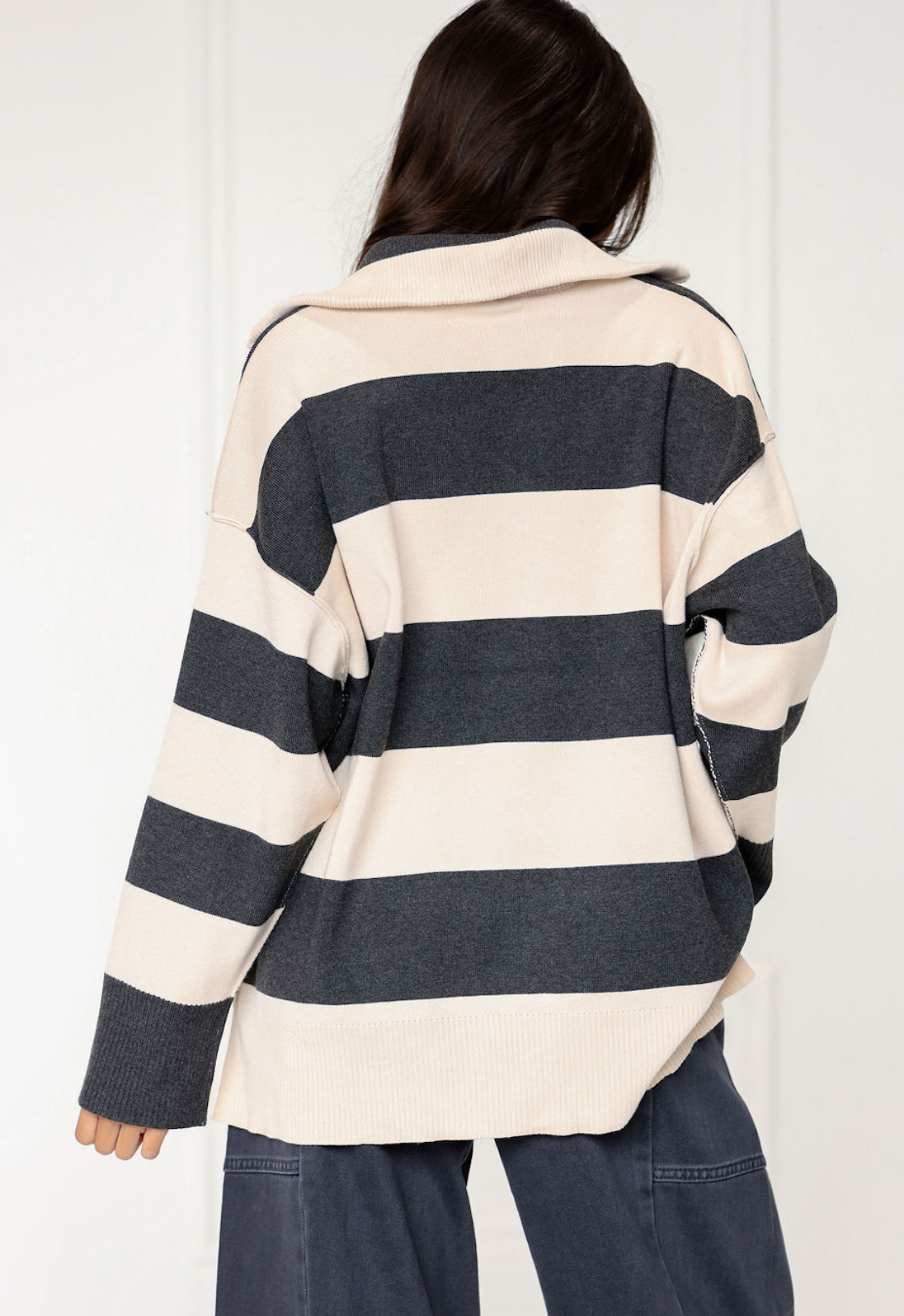 Half Zip Striped Long Sleeve Charcoal/Cream