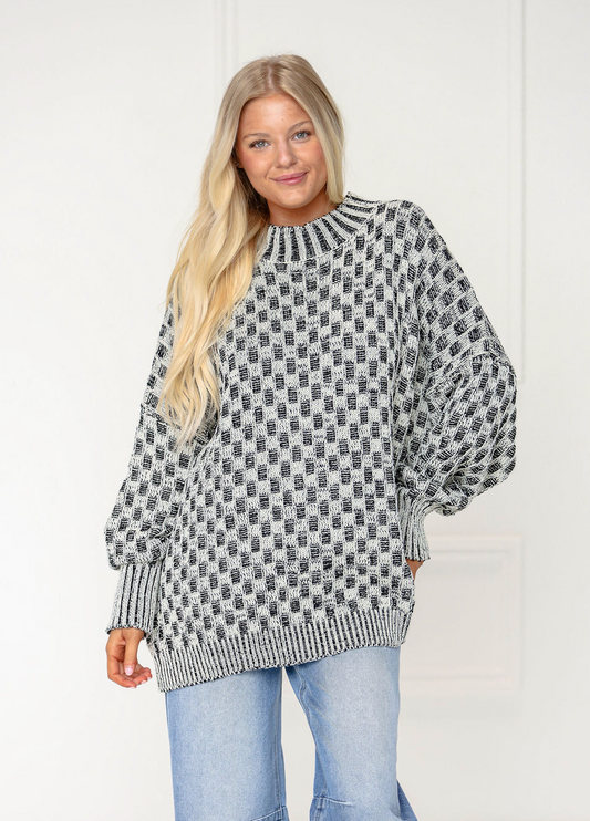 Oversized Mock Checker Sweater Black