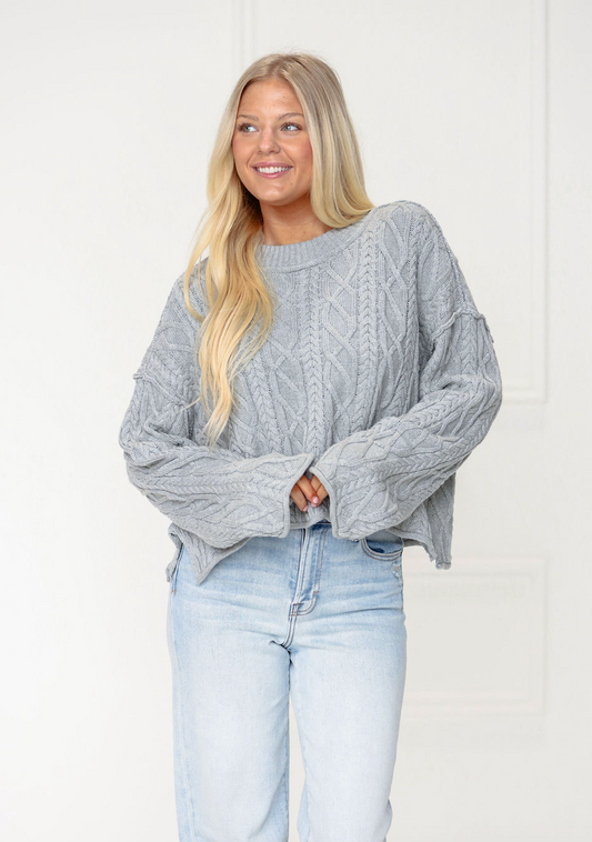 Grey Cropped Cable Knit Pullover