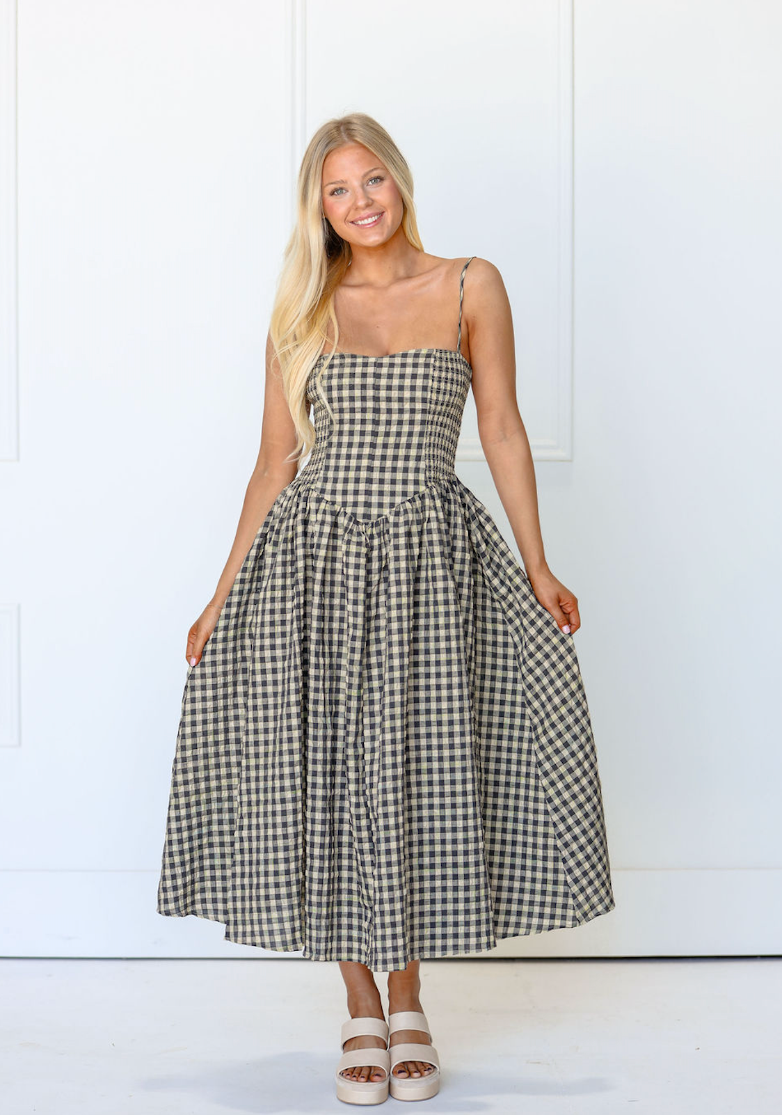 Natural Checker Smocked Midi Dress