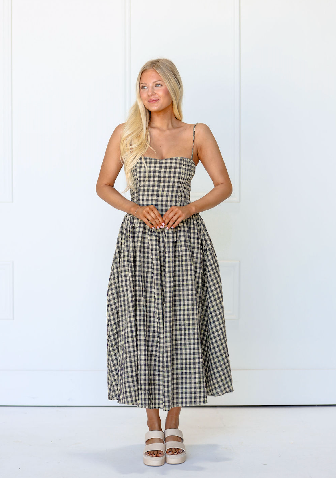 Natural Checker Smocked Midi Dress