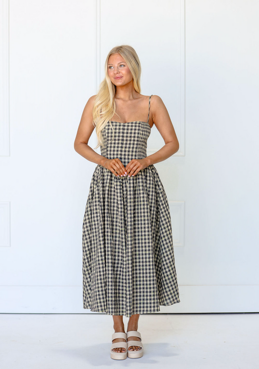 Natural Checker Smocked Midi Dress