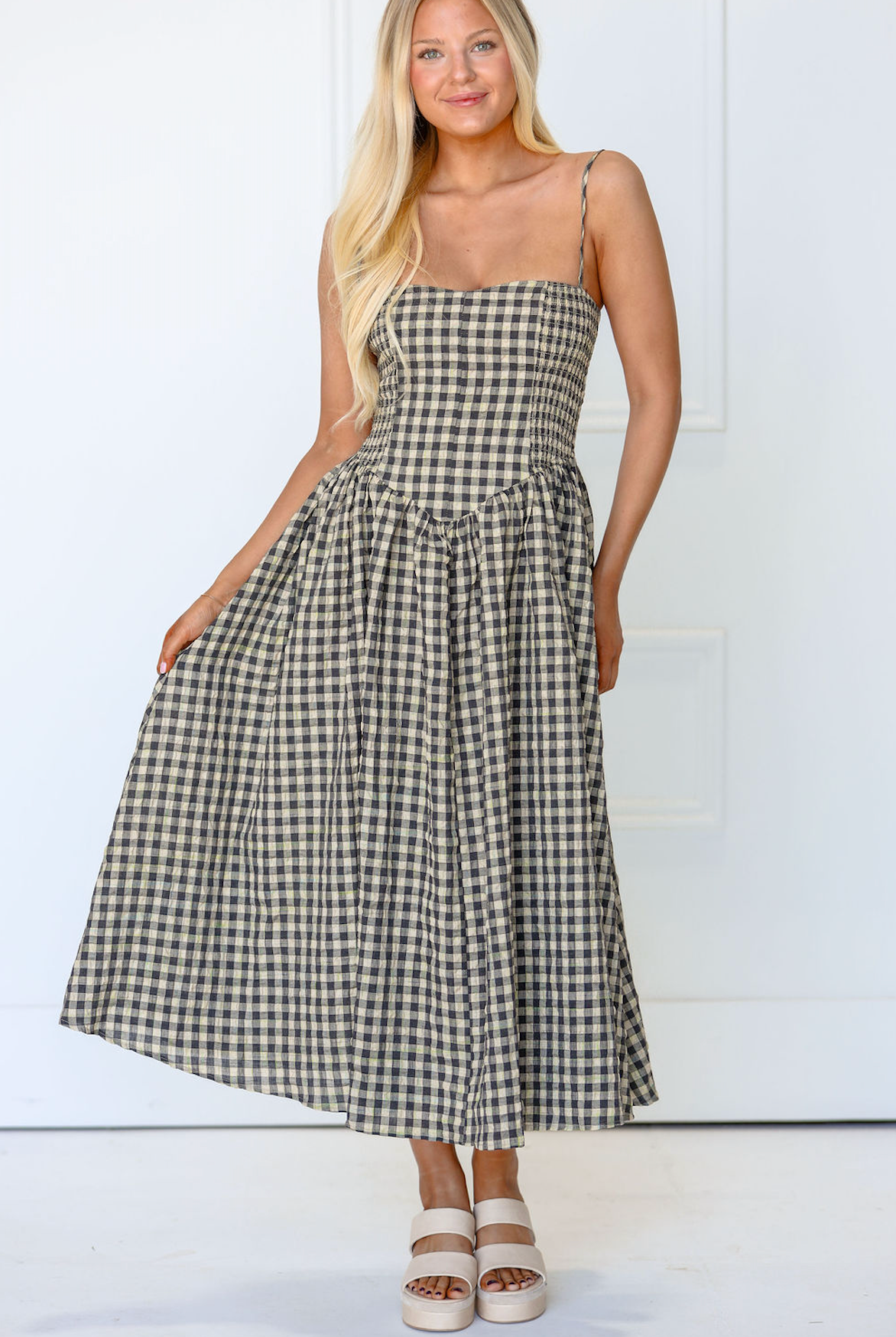 Natural Checker Smocked Midi Dress