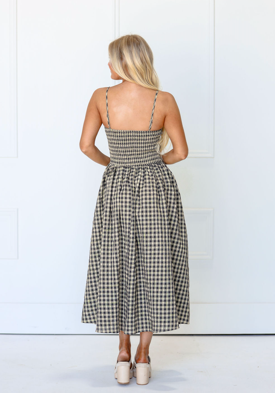 Natural Checker Smocked Midi Dress