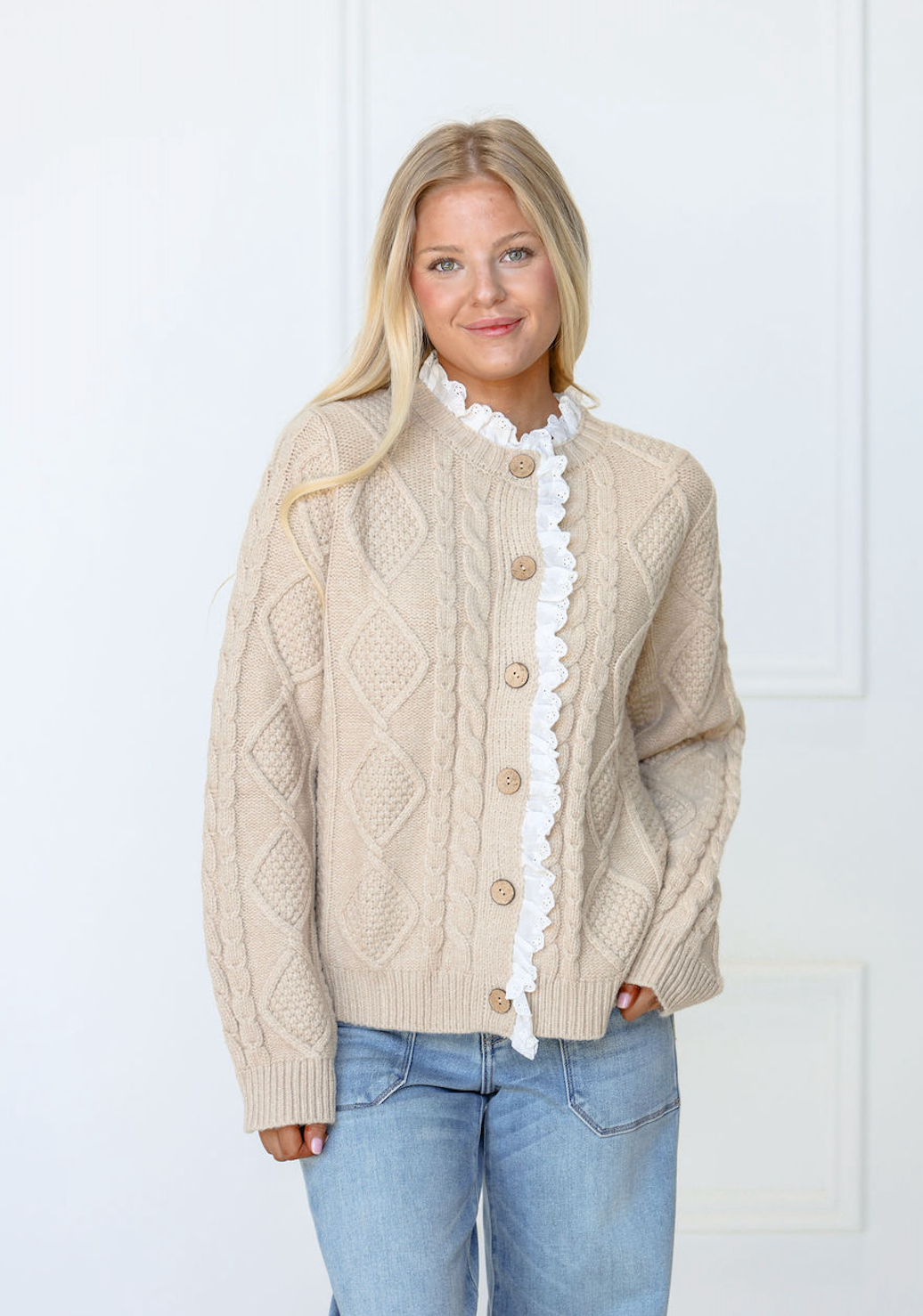 Eyelet Trim Cable Knit Cardigan