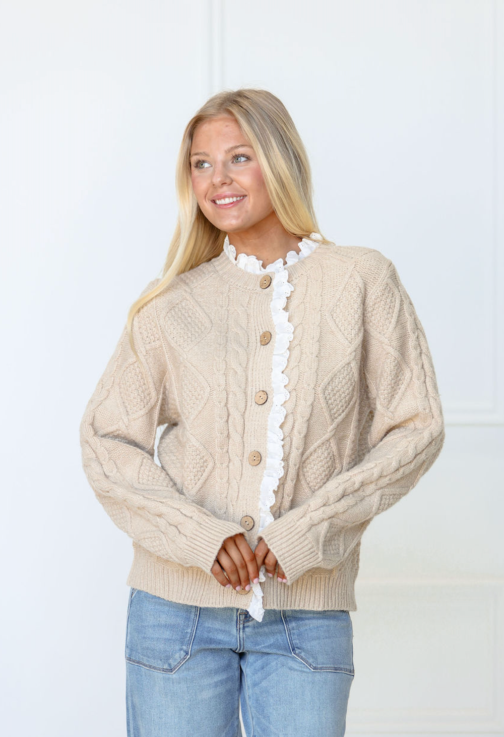 Eyelet Trim Cable Knit Cardigan