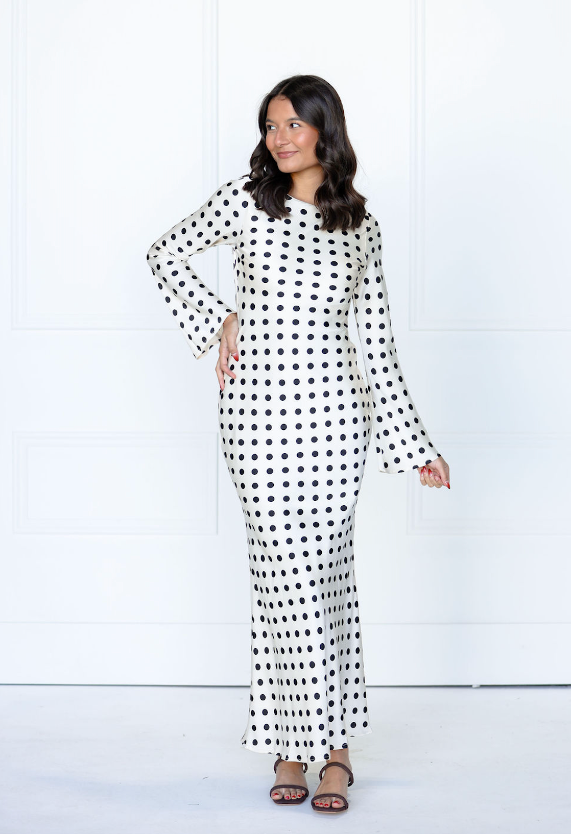 White Satin Polka Dot Long Sleeve Maxi