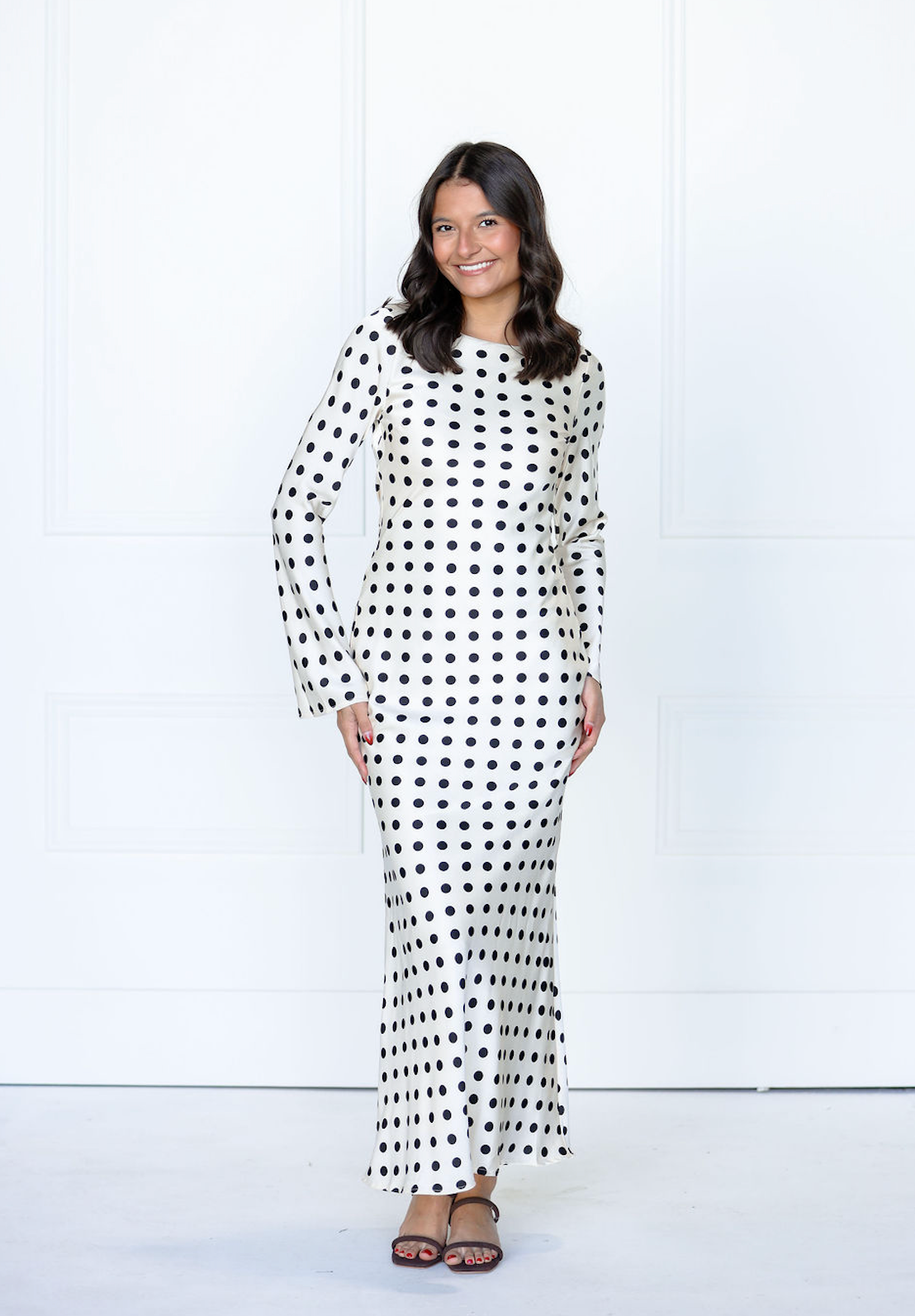 White Satin Polka Dot Long Sleeve Maxi