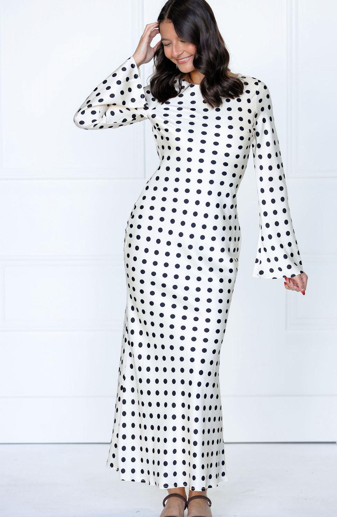 White Satin Polka Dot Long Sleeve Maxi