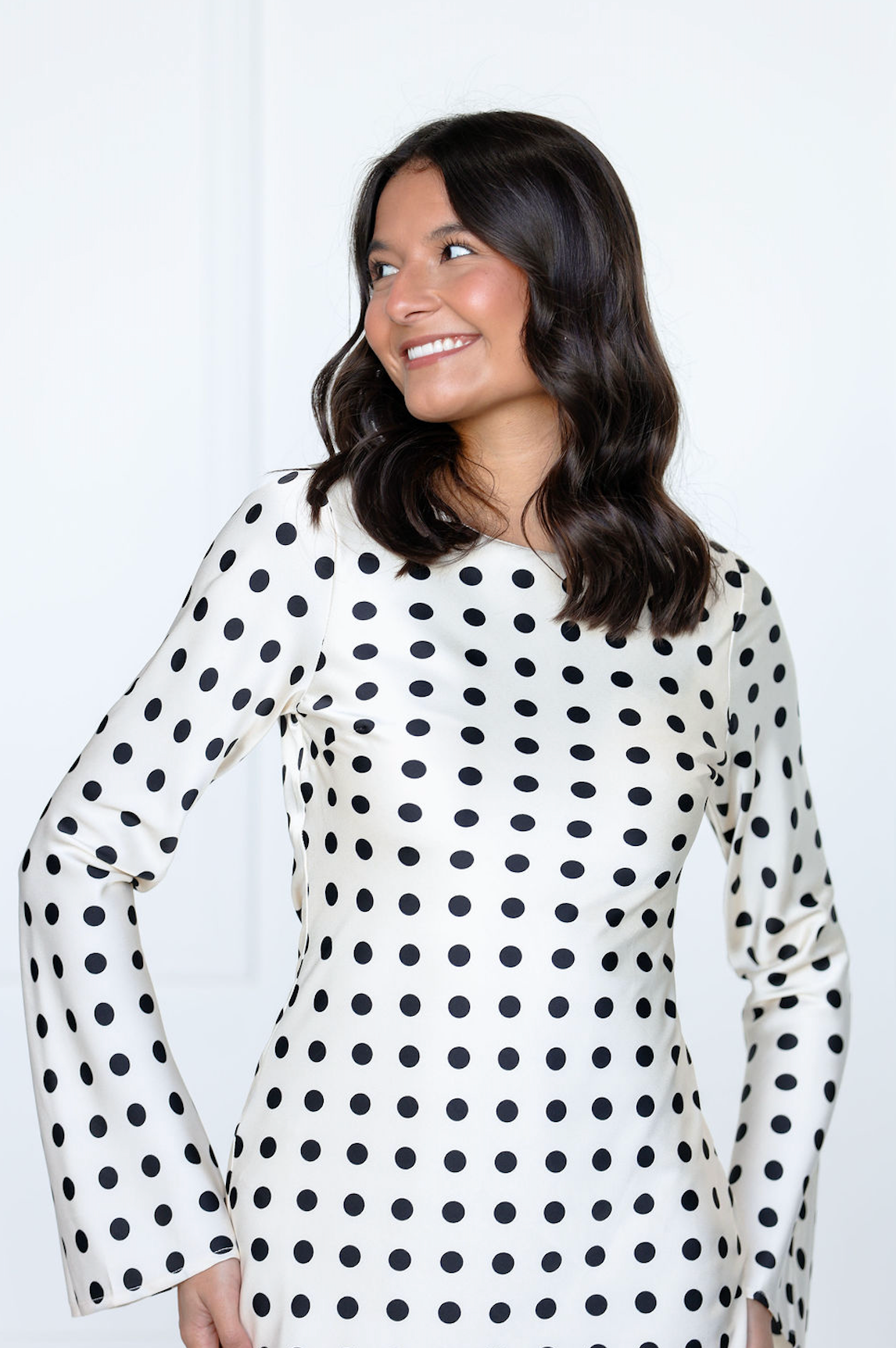 White Satin Polka Dot Long Sleeve Maxi